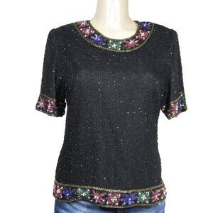 VTG 80s 90s SILK Beaded Sequin GLAM Holiday Event Party Kazar Blouse Top PL